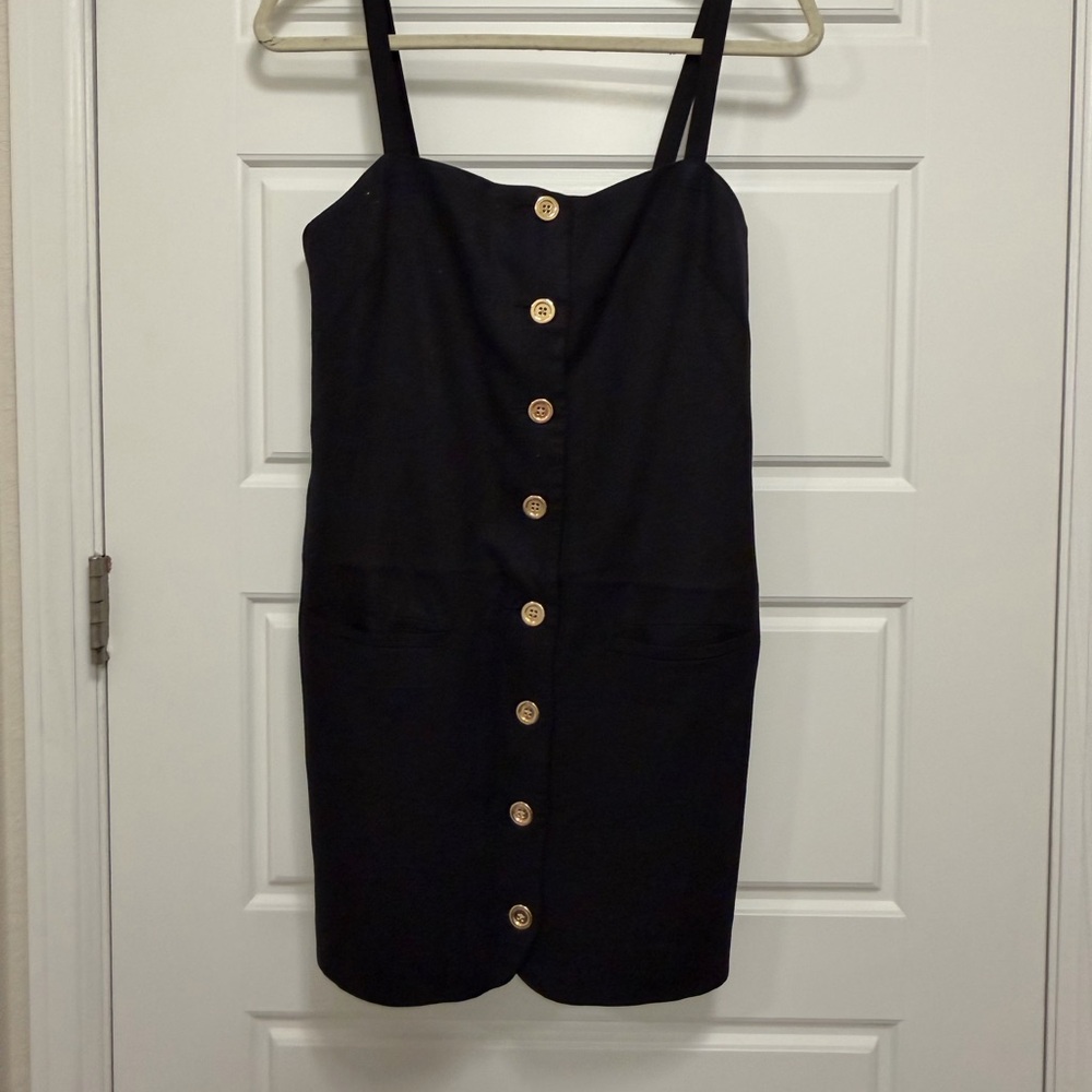 J. Crew Black Linen Mini Dress with Gold Buttons